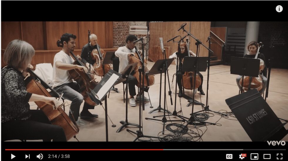 Group of musicians playing cellos